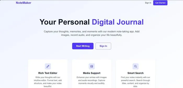 NoteMaker journal landing page